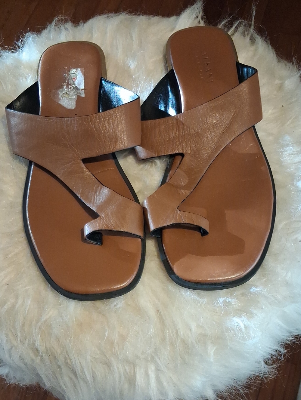 ALFANI STEP-FLEX Women's Brown Leather Slide Sandals with Toe Loop SIZE 9M